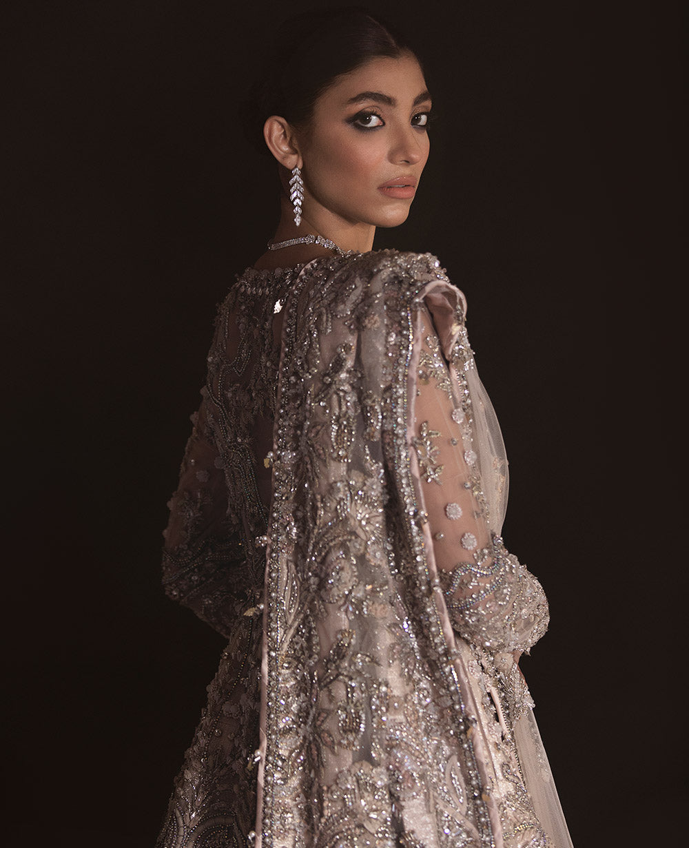 Champagne Silver Embellished Net Bridal Gown (2-Piece) - Image 6