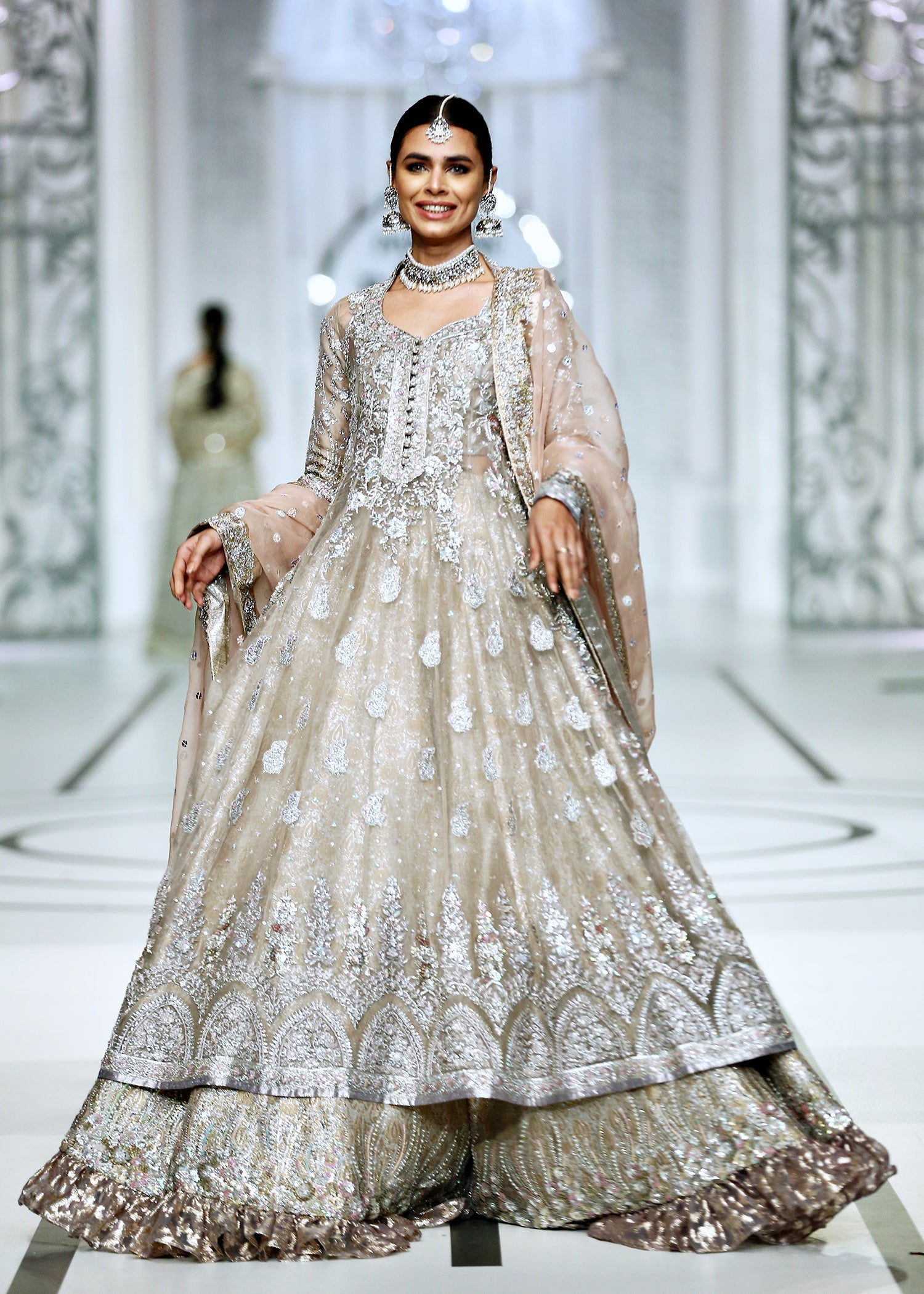 Pakistani Silver Zardozi Organza Gown with Lurex Lehenga (3-Piece) - Image 10