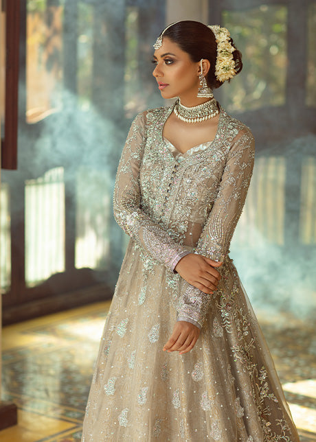 Pakistani Silver Zardozi Organza Gown with Lurex Lehenga (3-Piece) - Image 2