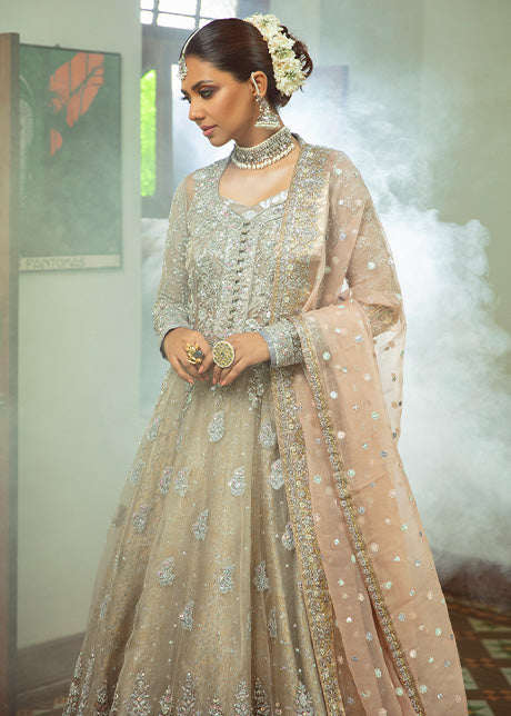 Pakistani Silver Zardozi Organza Gown with Lurex Lehenga (3-Piece) - Image 5