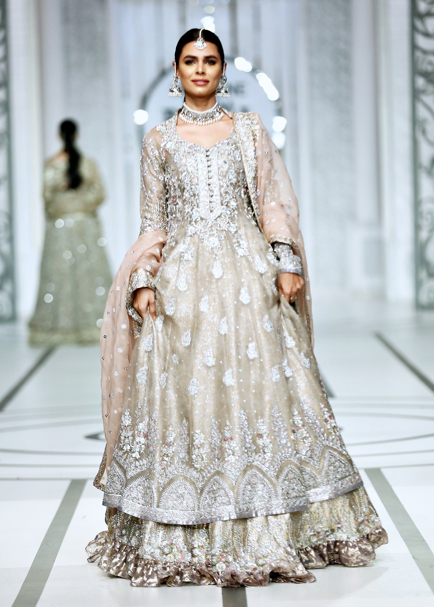 Pakistani Silver Zardozi Organza Gown with Lurex Lehenga (3-Piece) - Image 9