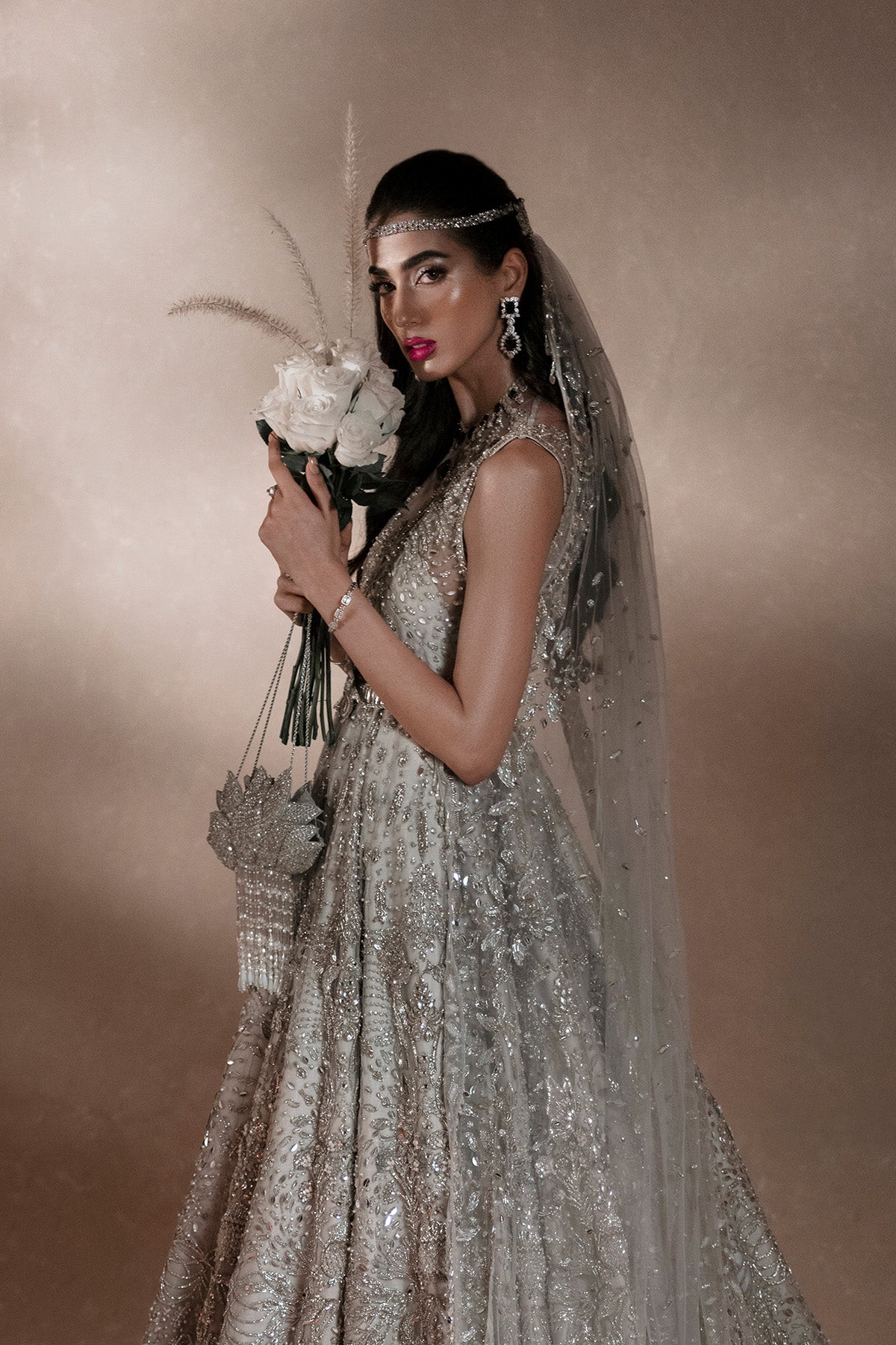 Silver Ombre Zardozi Net Bridal Gown (2-Piece) - Image 2