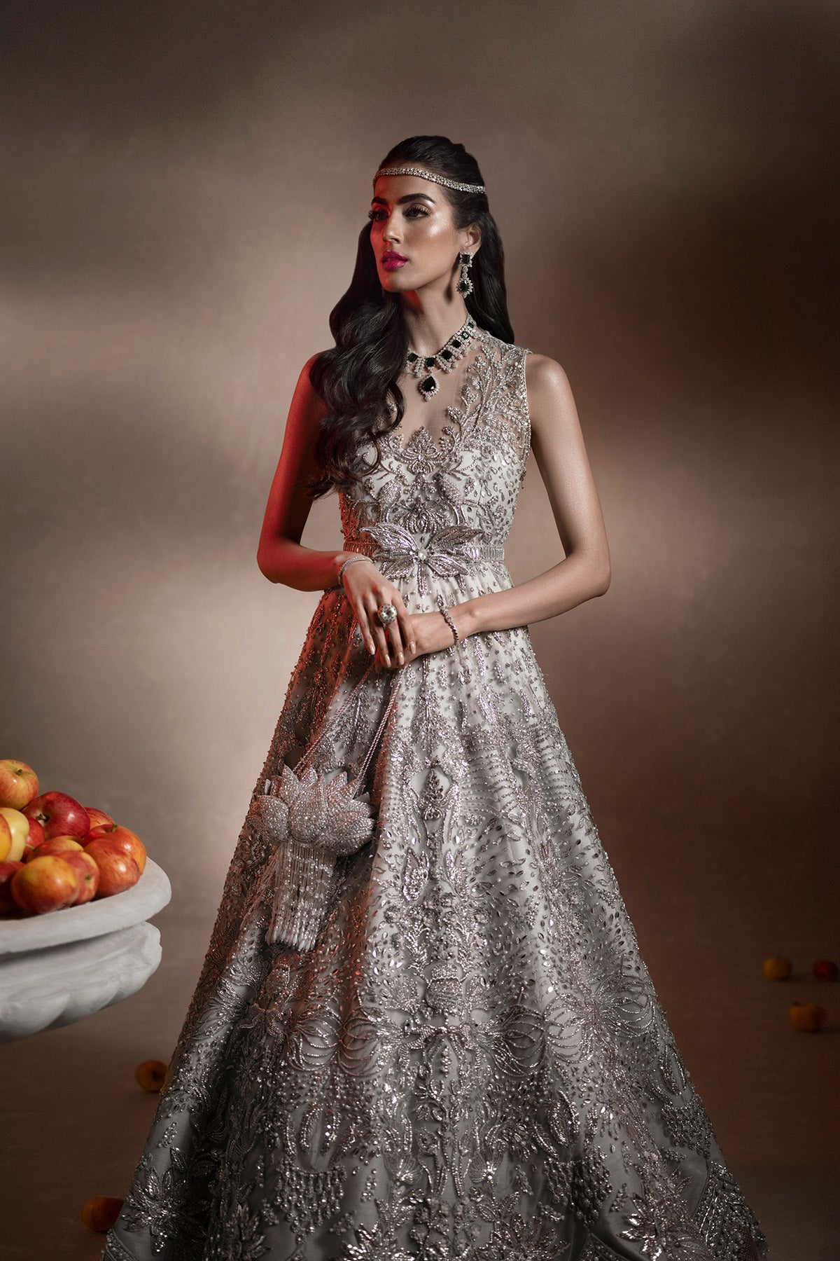 Silver Ombre Zardozi Net Bridal Gown (2-Piece) - Image 4