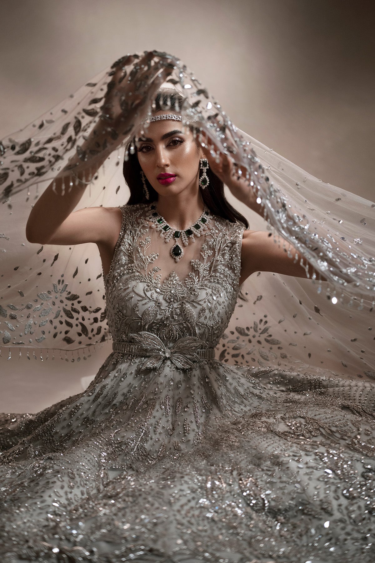 Silver Ombre Zardozi Net Bridal Gown (2-Piece) - Image 5