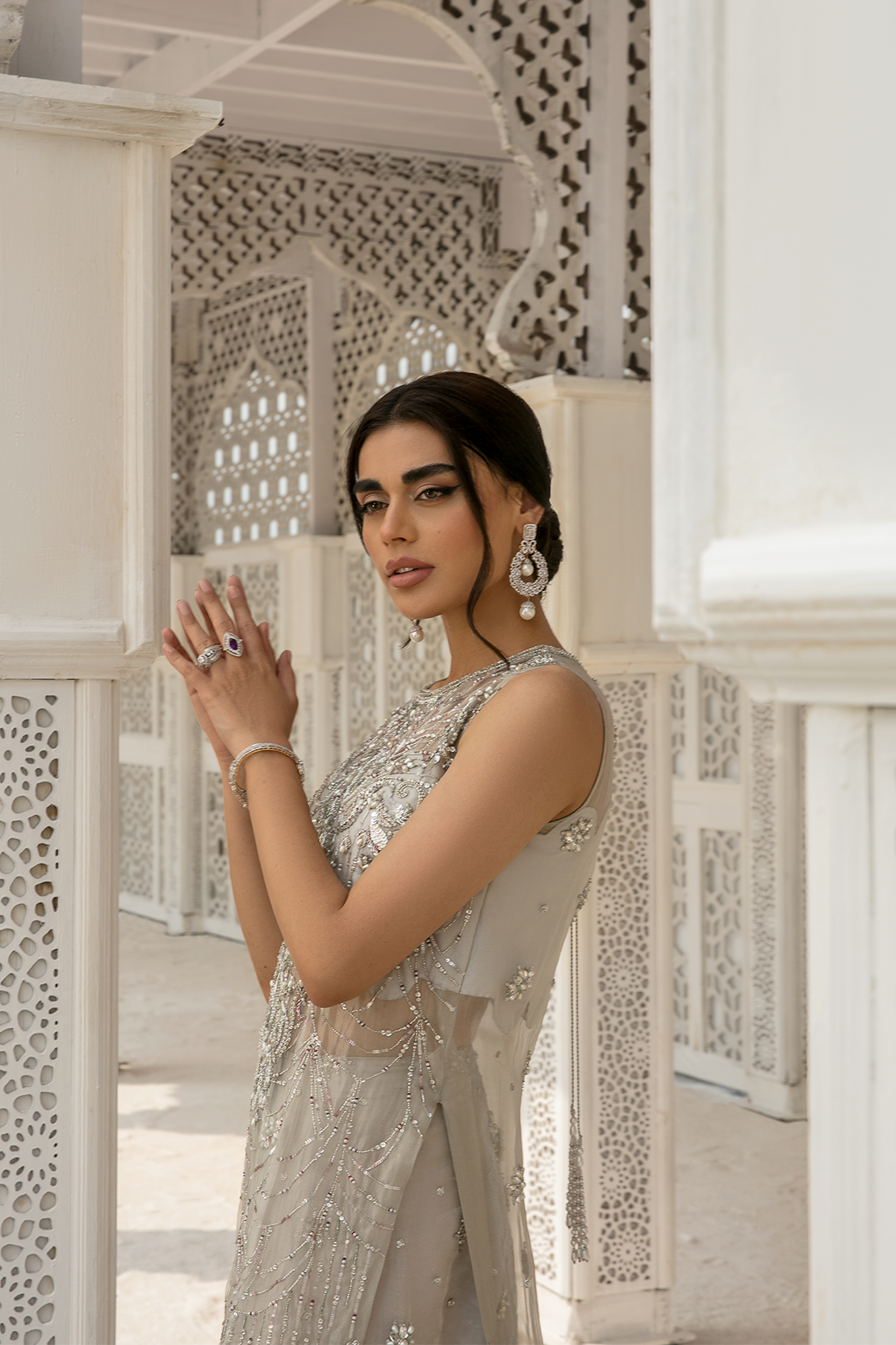 Silver Embellished Pure Tissue Bridal Gown (2-Piece) - Image 2