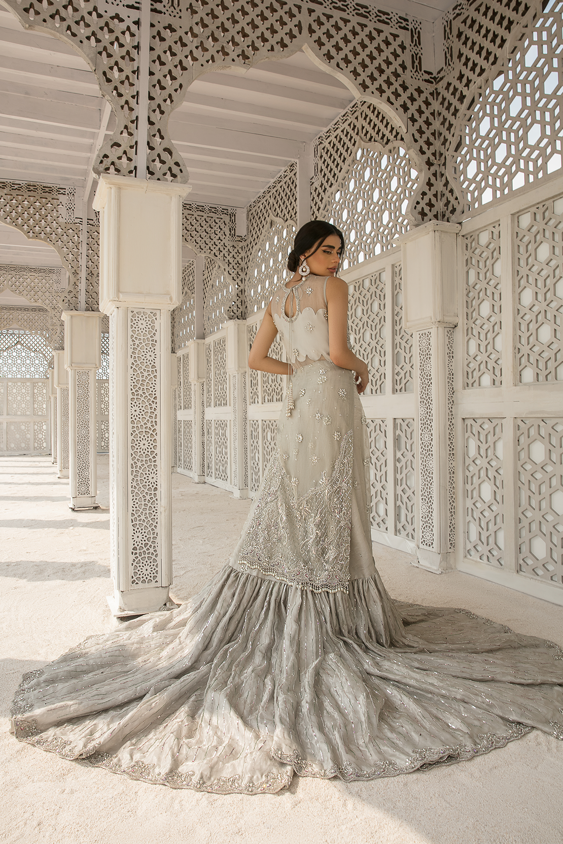 Silver Embellished Pure Tissue Bridal Gown (2-Piece) - Image 4