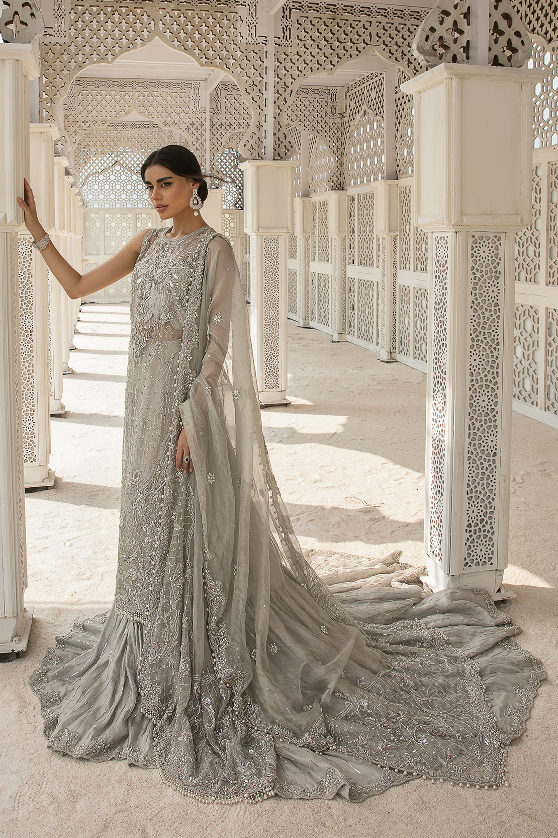 Silver Embellished Pure Tissue Bridal Gown (2-Piece) - Image 5