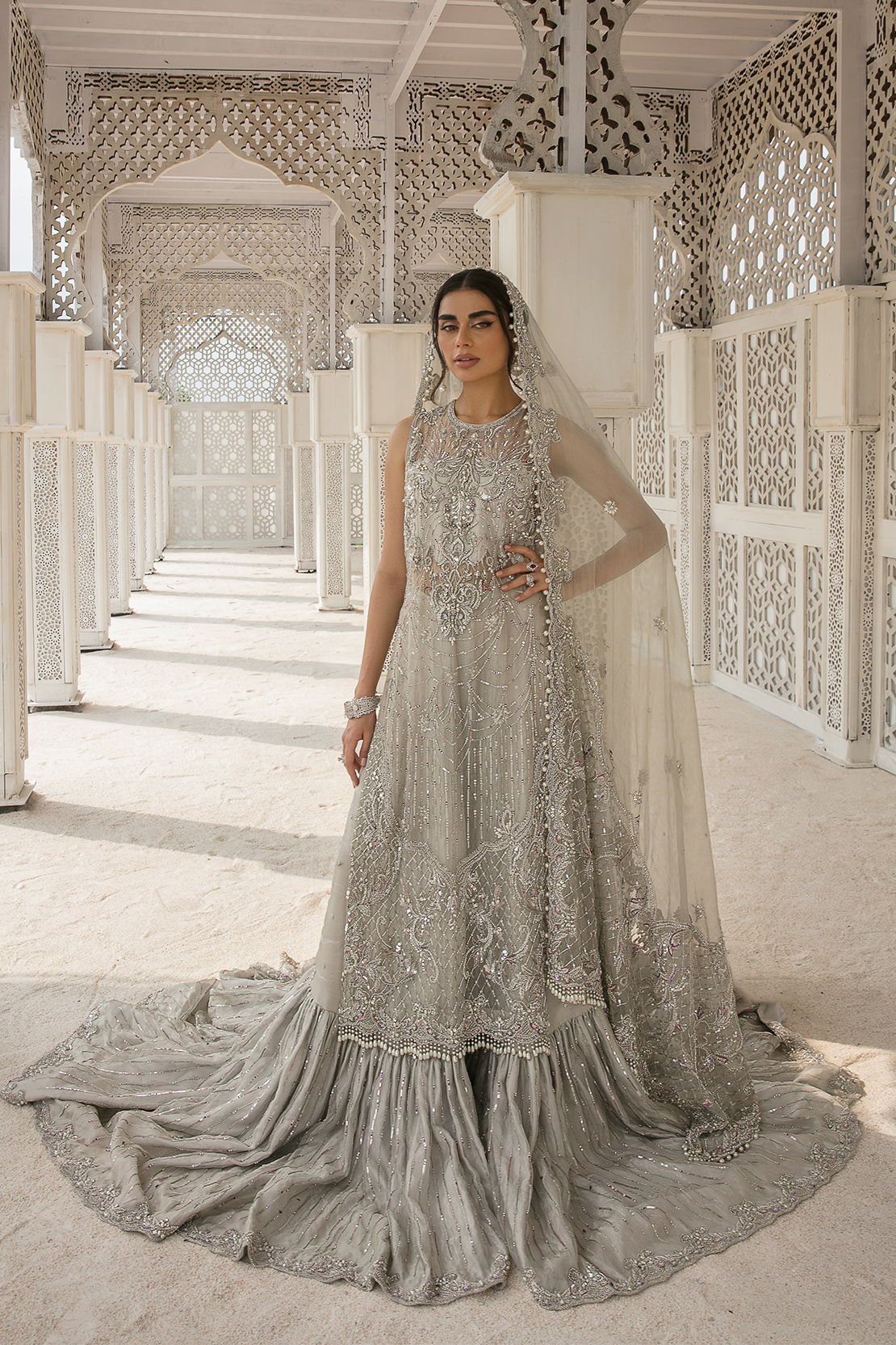 Silver Embellished Pure Tissue Bridal Gown (2-Piece) - Image 7