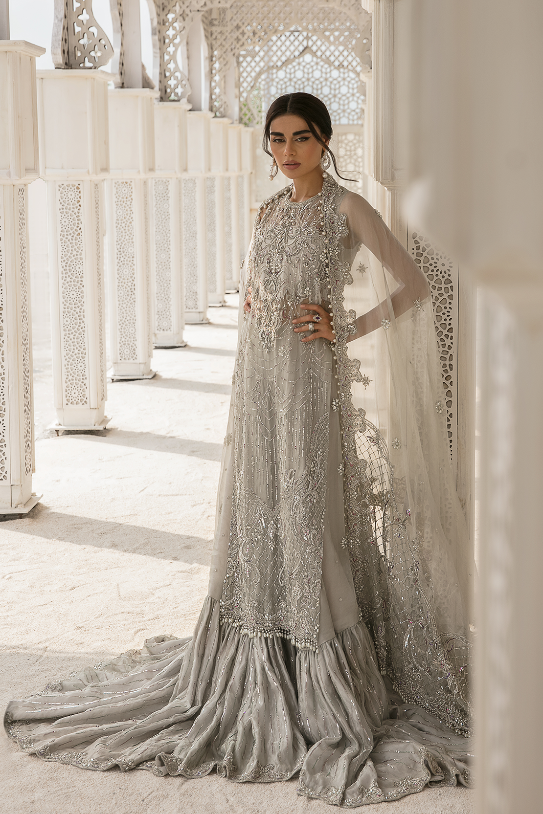 Silver Embellished Pure Tissue Bridal Gown (2-Piece) - Image 8