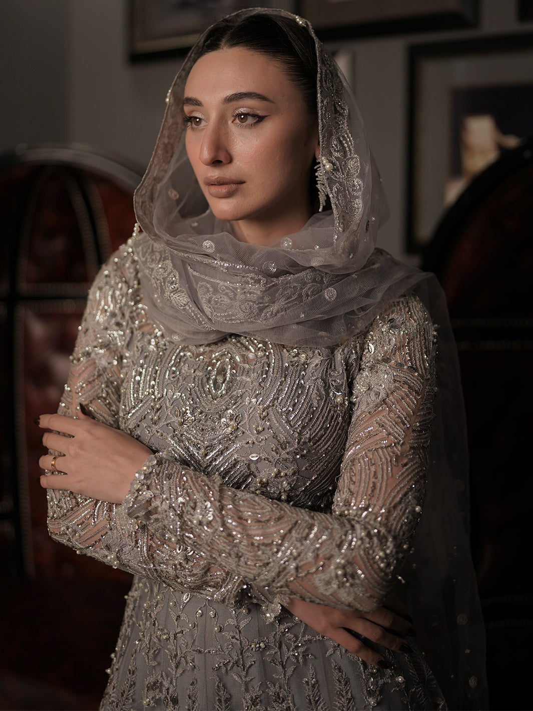 Pakistani Silver Grey Embroidered Net Raw Silk Bridal Maxi (2-Piece) - Image 1