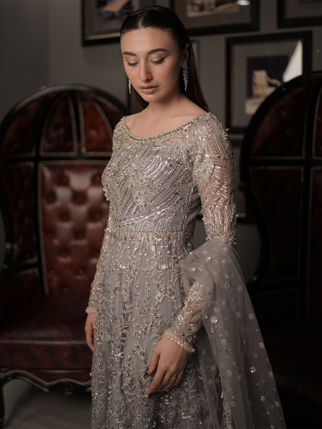 Pakistani Silver Grey Embroidered Net Raw Silk Bridal Maxi (2-Piece) - Image 3