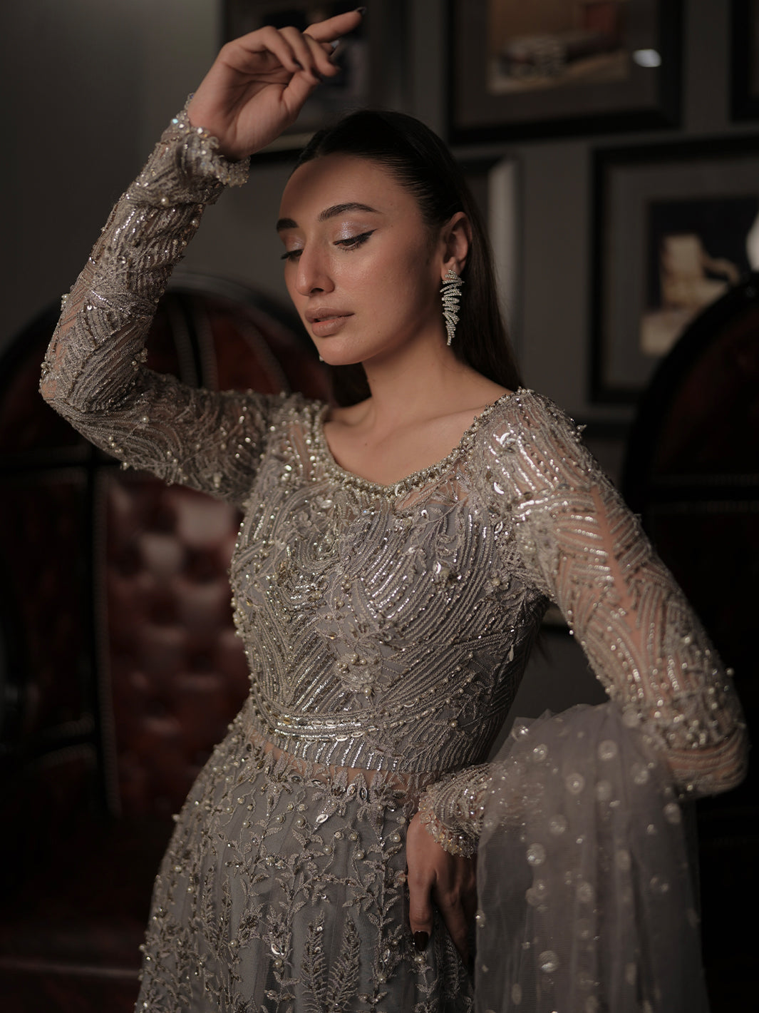 Pakistani Silver Grey Embroidered Net Raw Silk Bridal Maxi (2-Piece) - Image 6