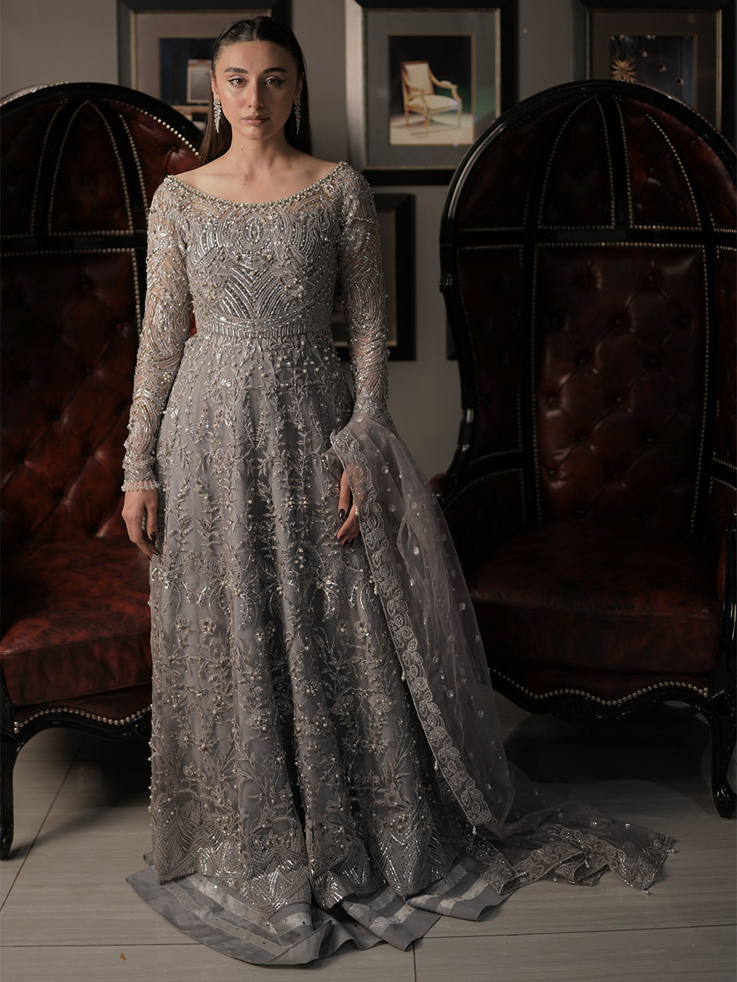 Pakistani Silver Grey Embroidered Net Raw Silk Bridal Maxi (2-Piece) - Image 7