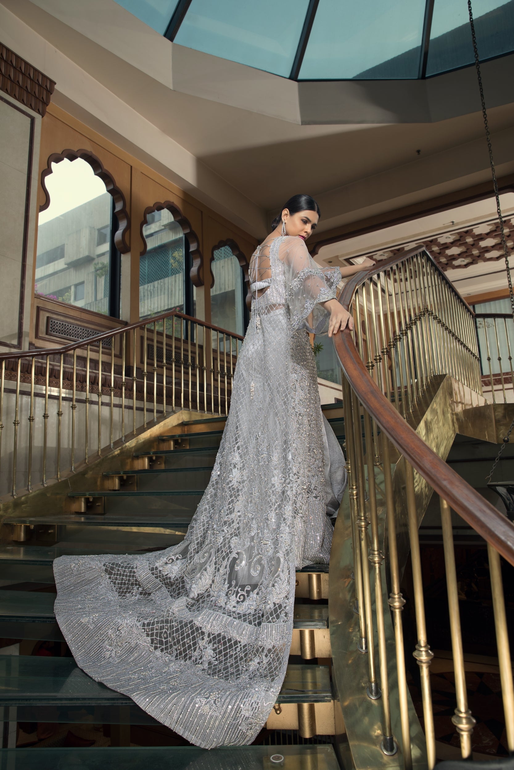 Silver Grey Embellished Silk-Blend Bridal Maxi (1-Pc) - Image 3