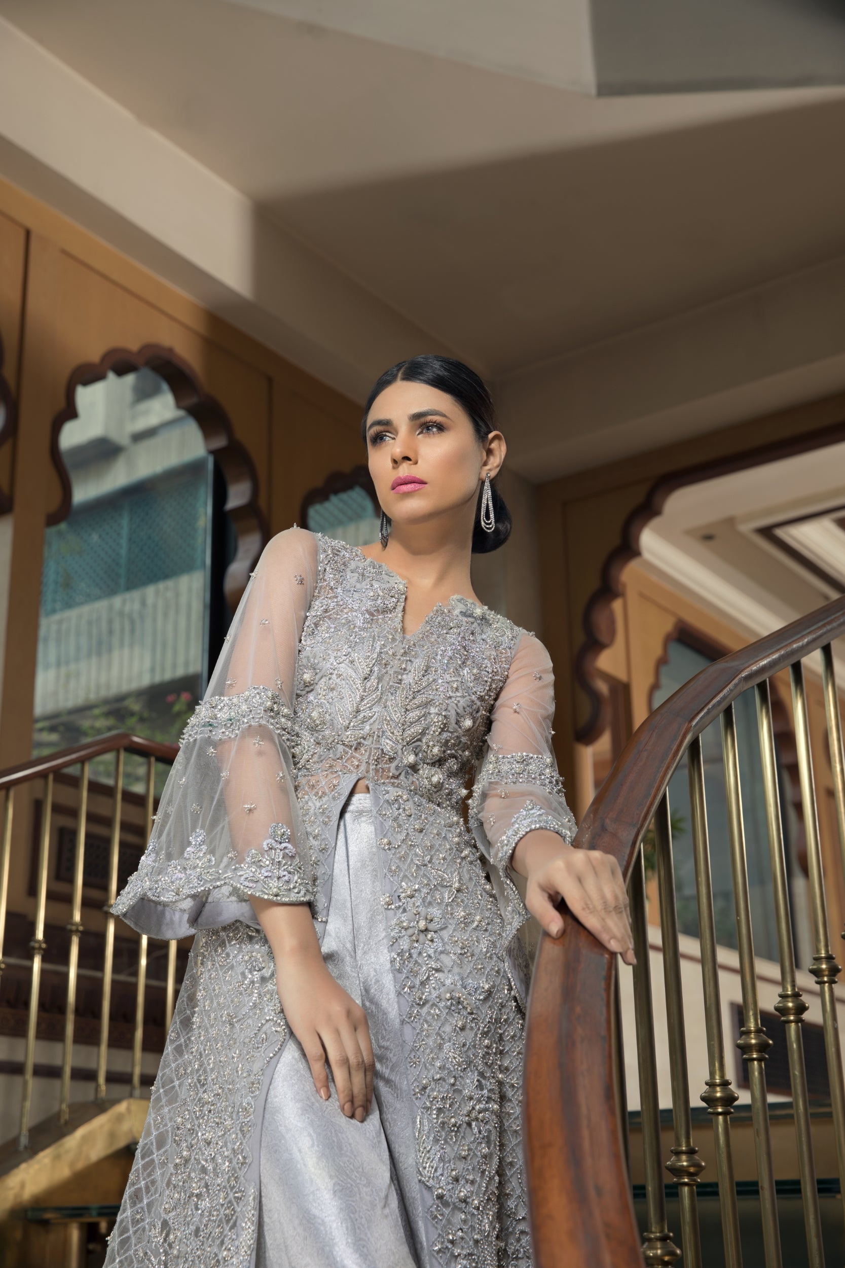 Silver Grey Embellished Silk-Blend Bridal Maxi (1-Pc) - Image 4