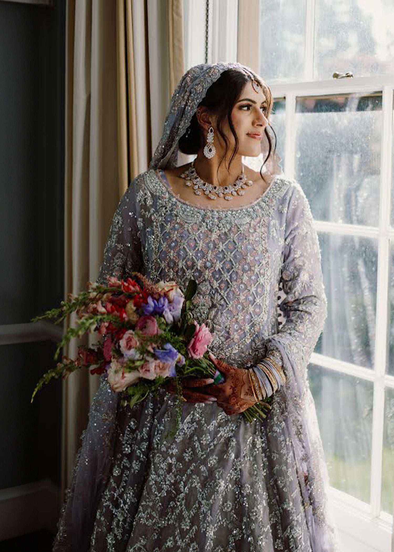 Pakistani Silver Grey Embellished Silk Bridal Gown (2-Piece) - Image 1