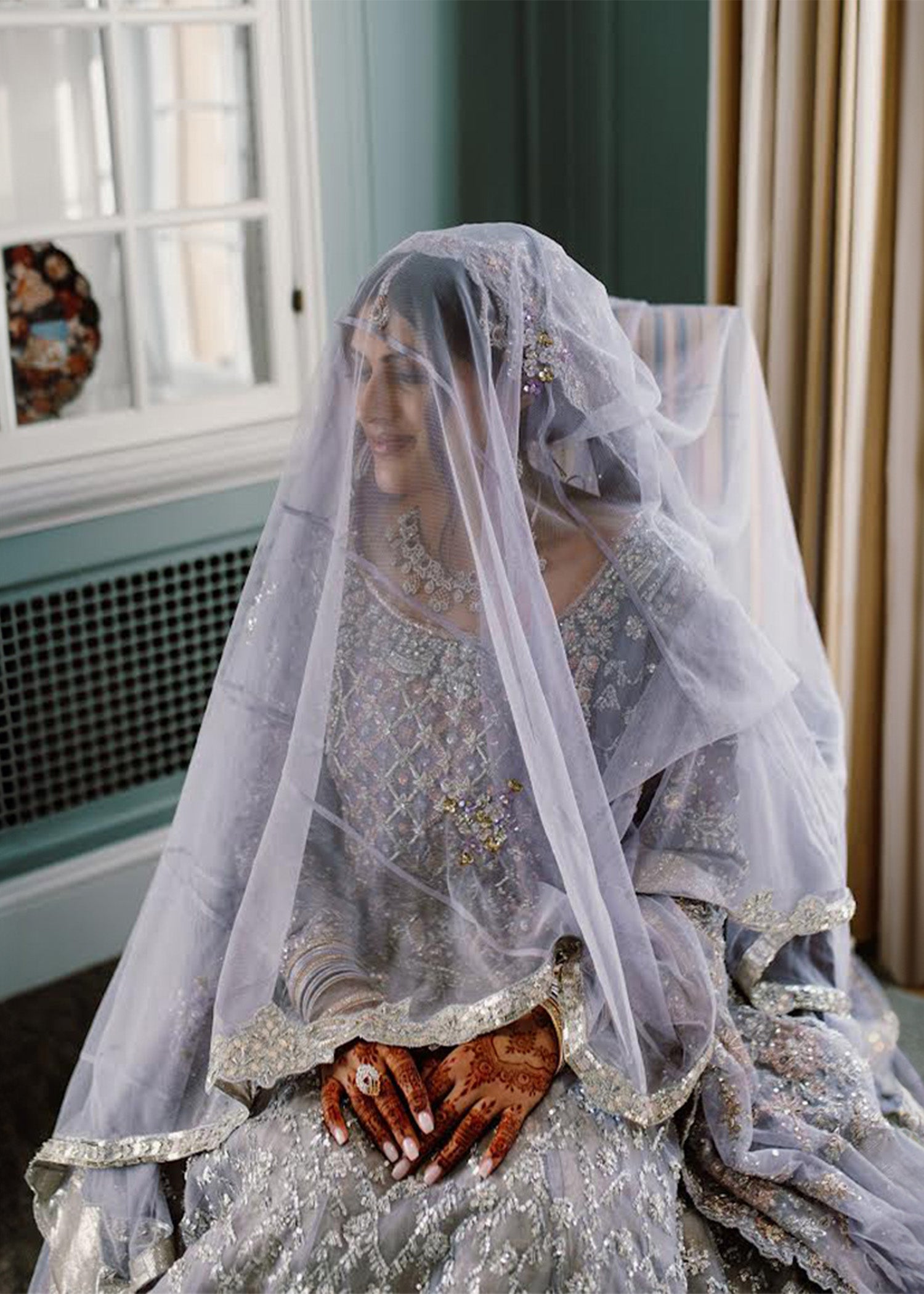 Pakistani Silver Grey Embellished Silk Bridal Gown (2-Piece) - Image 2