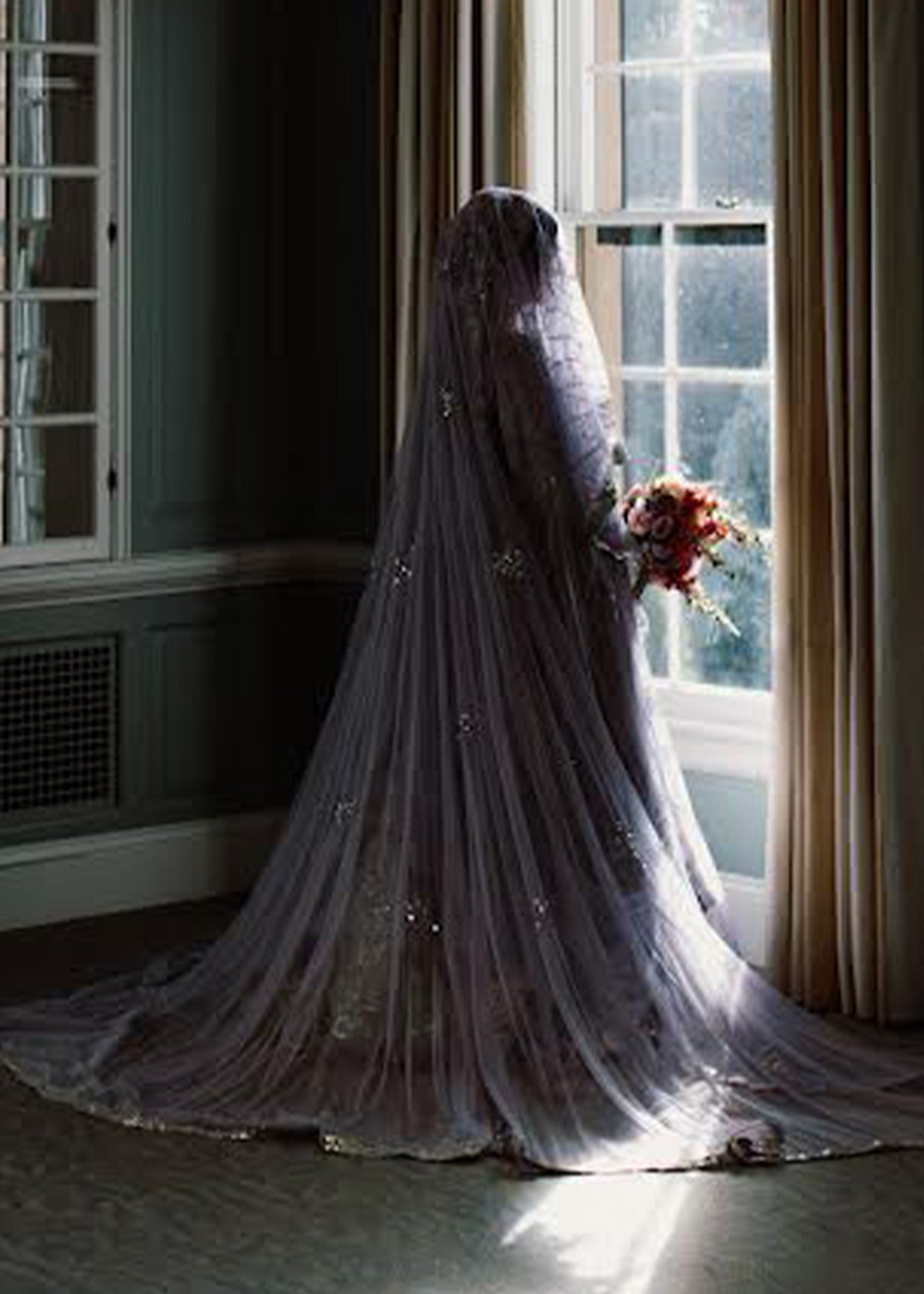 Pakistani Silver Grey Embellished Silk Bridal Gown (2-Piece) - Image 3