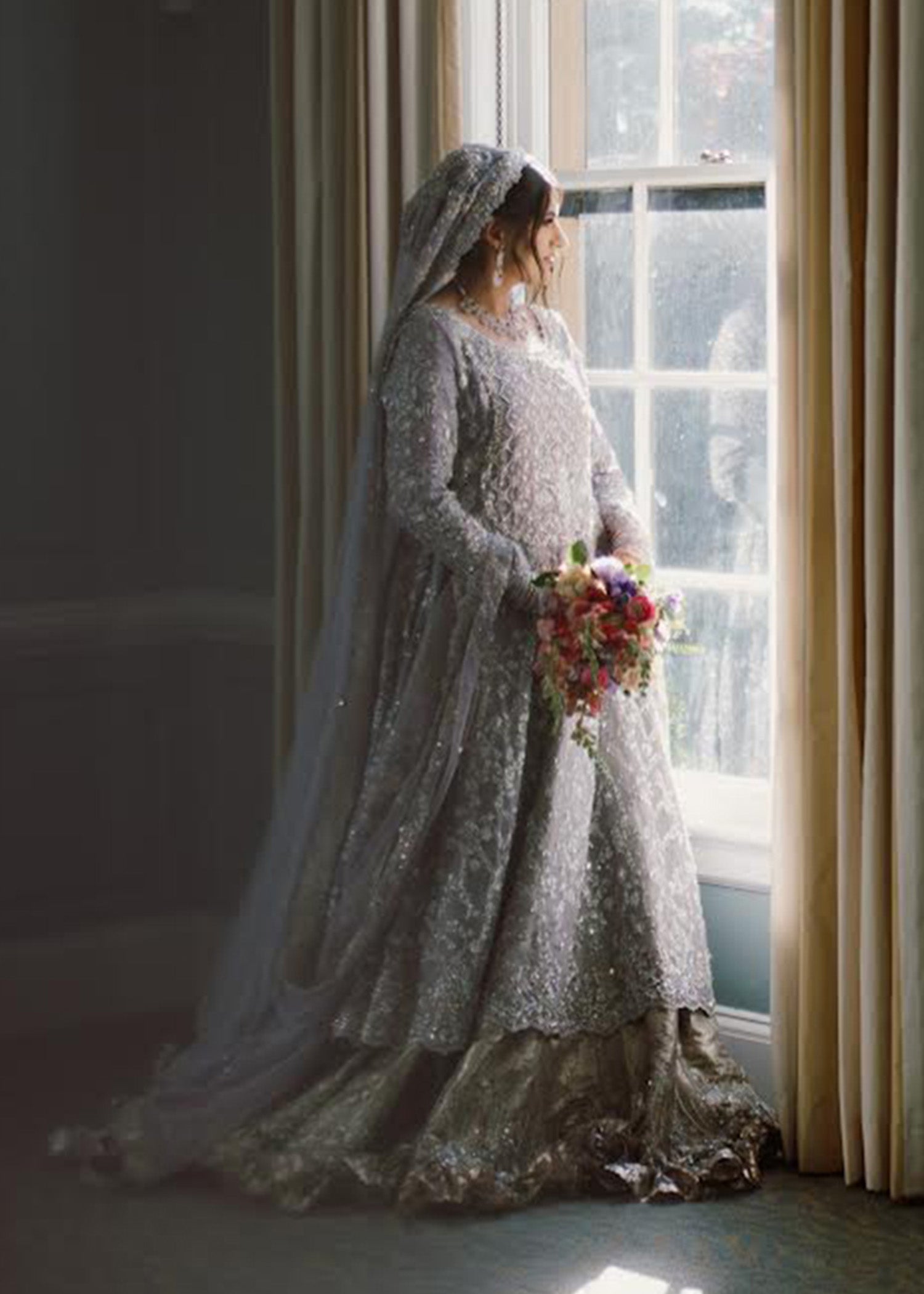 Pakistani Silver Grey Embellished Silk Bridal Gown (2-Piece) - Image 4