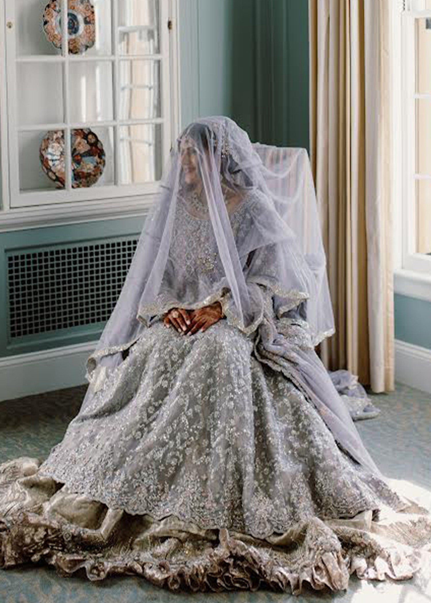 Pakistani Silver Grey Embellished Silk Bridal Gown (2-Piece) - Image 5