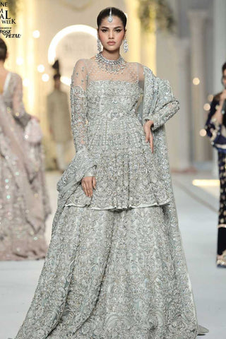 Silver Grey Embellished Net Silk Bridal Gown (2-Piece) - Image 2