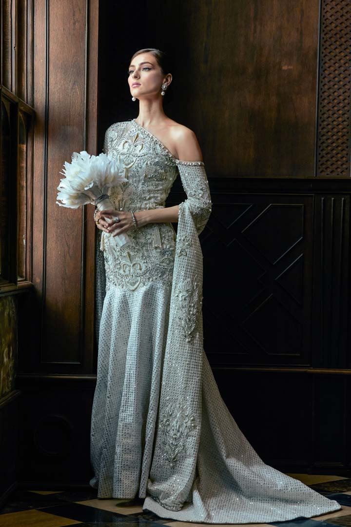 Pakistani Silver Embellished Sequin Lattice Bridal Gown (1-Pc) - Image 1