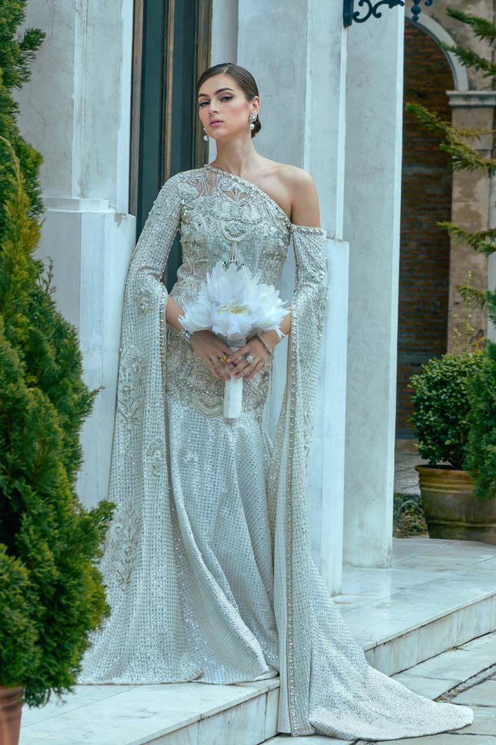 Pakistani Silver Embellished Sequin Lattice Bridal Gown (1-Pc) - Image 2