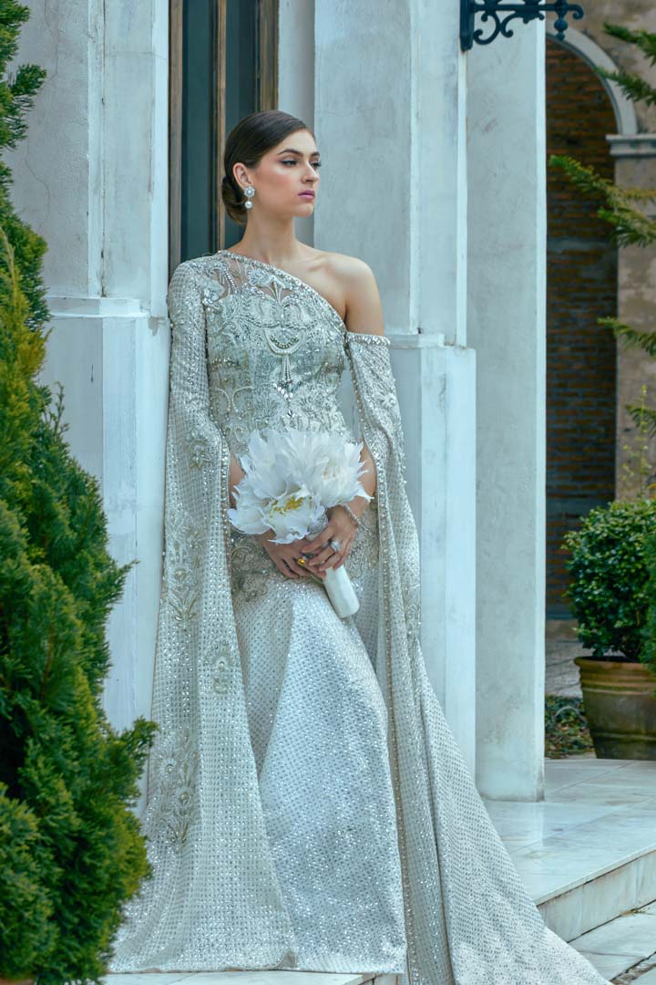 Pakistani Silver Embellished Sequin Lattice Bridal Gown (1-Pc) - Image 3