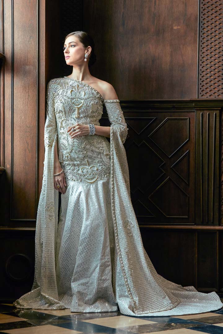 Pakistani Silver Embellished Sequin Lattice Bridal Gown (1-Pc) - Image 4