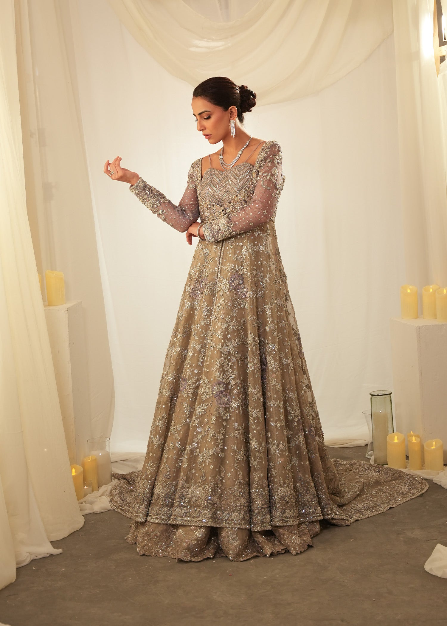 Pakistani Silver Cloud Embellished Silk Meysuri Gown (2-Piece) - Image 1