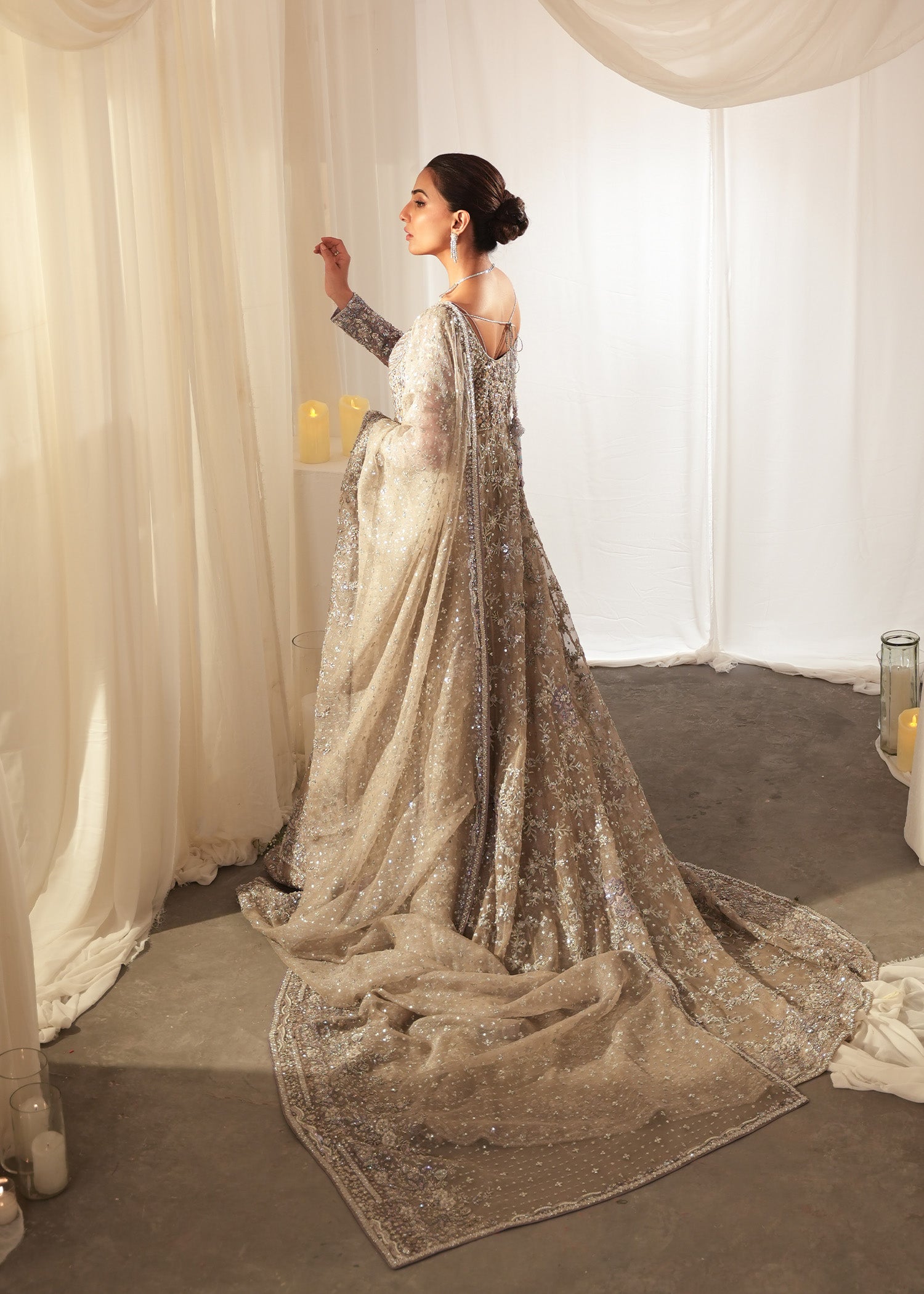 Pakistani Silver Cloud Embellished Silk Meysuri Gown (2-Piece) - Image 2