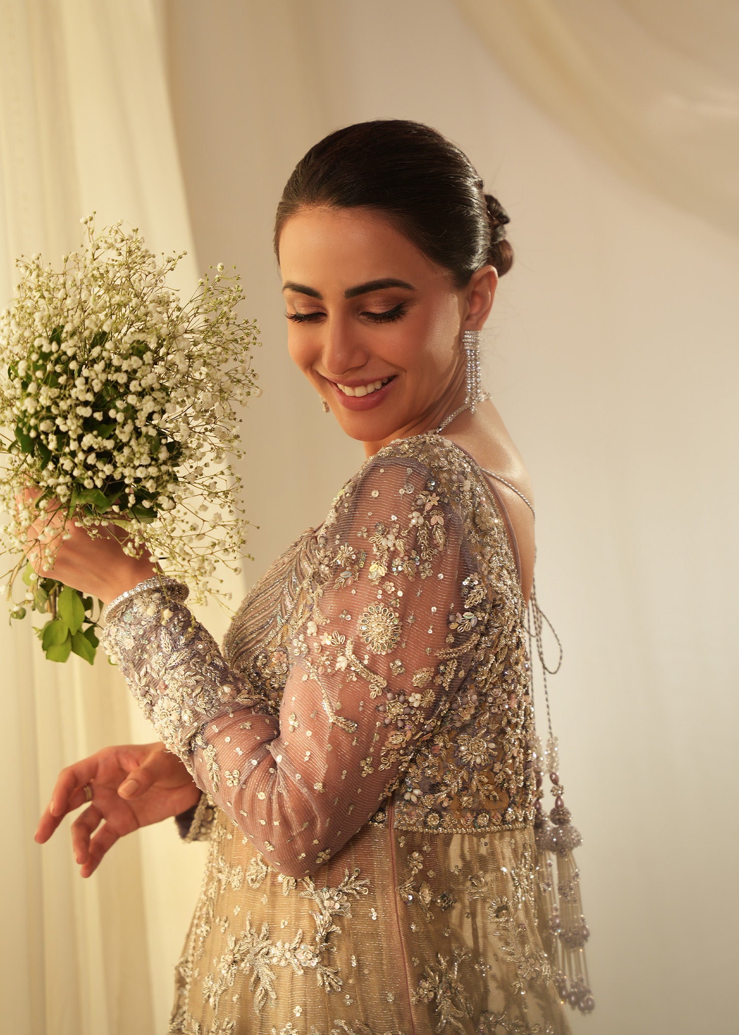 Pakistani Silver Cloud Embellished Silk Meysuri Gown (2-Piece) - Image 4