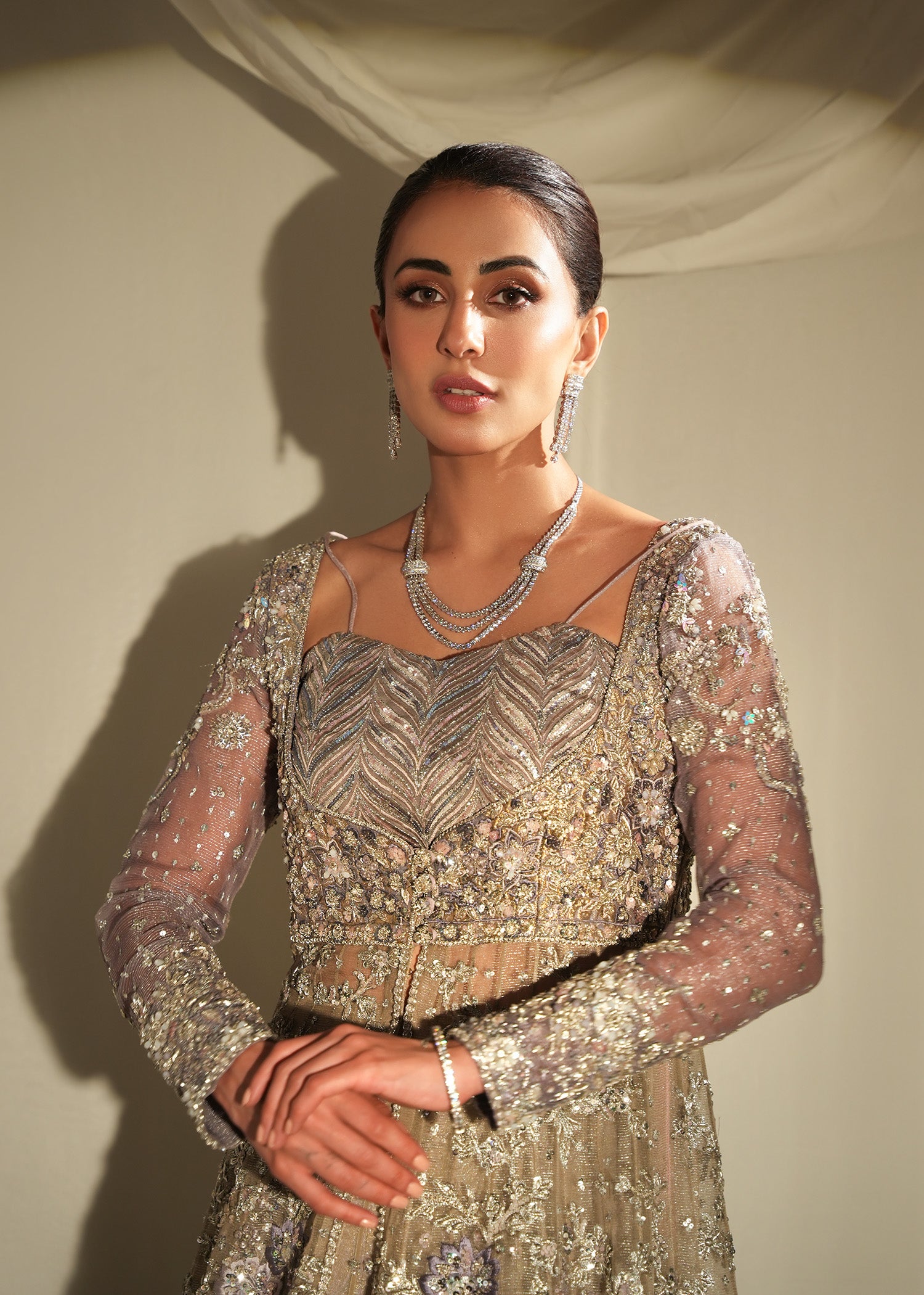 Pakistani Silver Cloud Embellished Silk Meysuri Gown (2-Piece) - Image 6