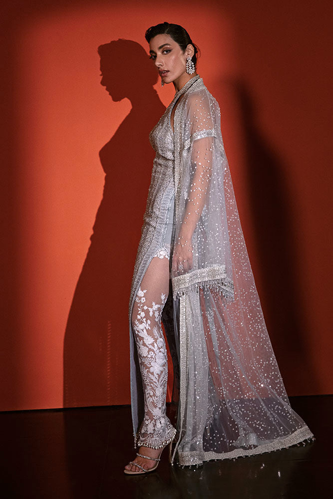 Pakistani Silver Hand-Embroidered Silk-Blend Gown (2-Piece) - Image 5