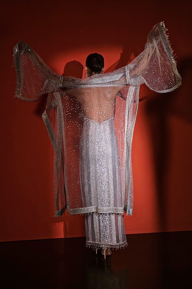 Pakistani Silver Hand-Embroidered Silk-Blend Gown (2-Piece) - Image 6