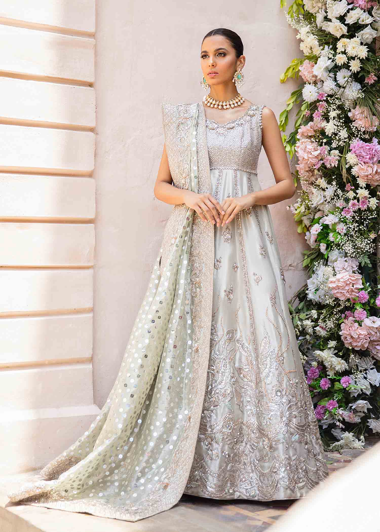 Pakistani Silver Grey Embellished Silk-Blend Gown (2-Piece) - Image 1