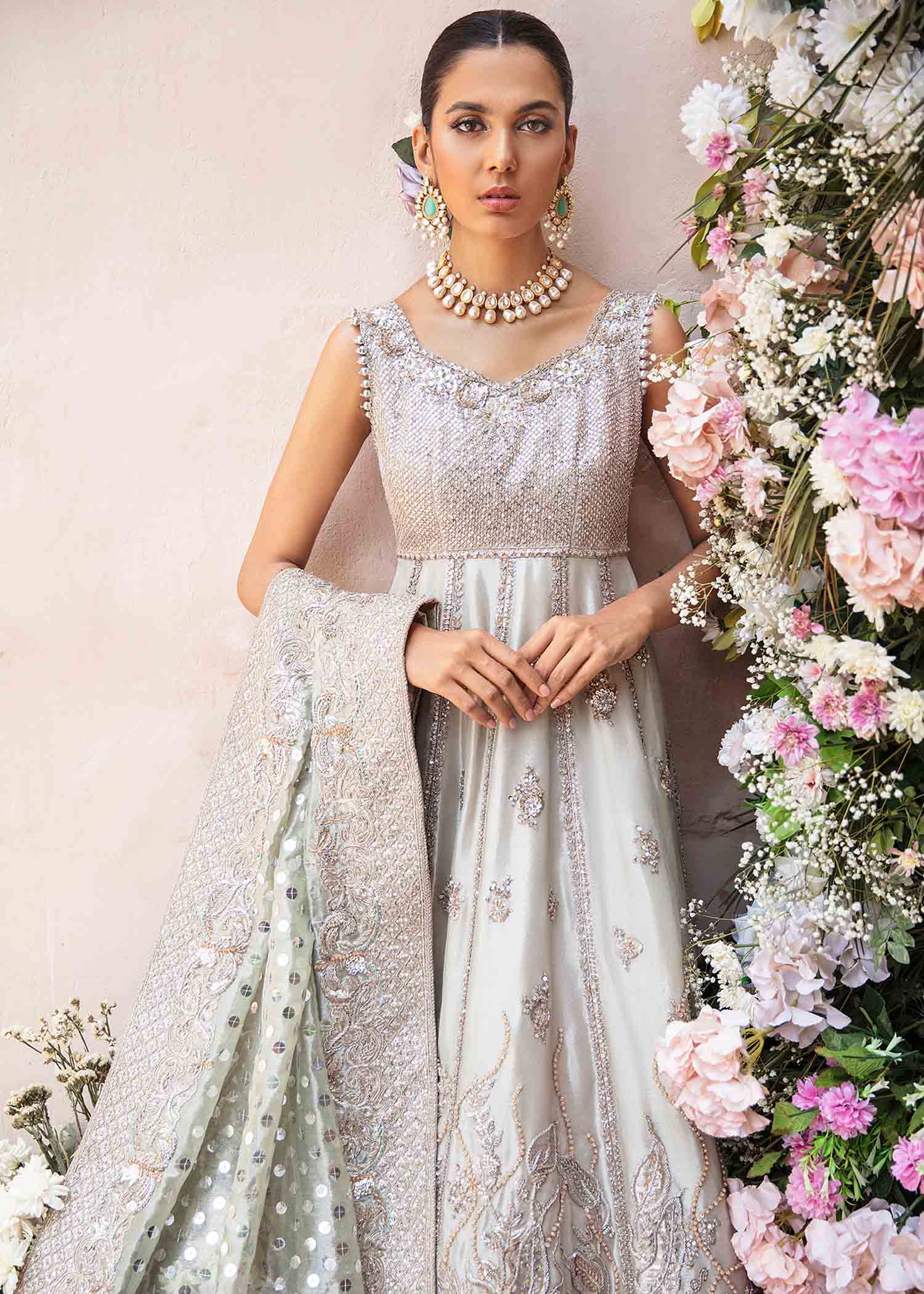 Pakistani Silver Grey Embellished Silk-Blend Gown (2-Piece) - Image 2