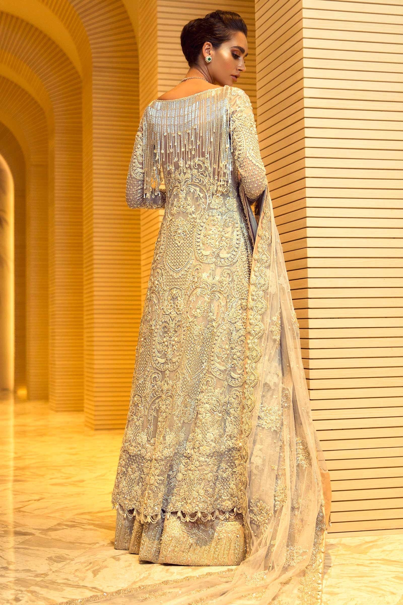 Pakistani Silver Embellished Silk Blend Bridal Gown (2-Piece) - Image 1