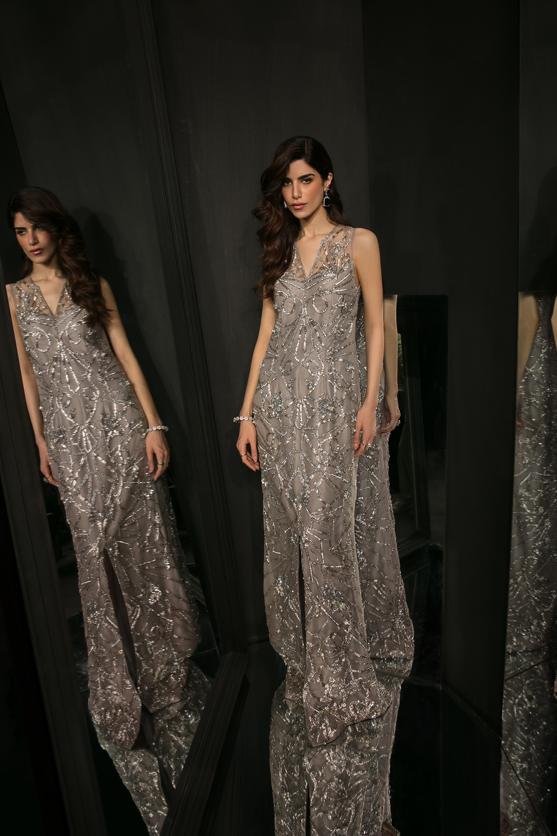 Pakistani Silver Pita Work Silk-Blend Gown (1-Pc) - Image 2