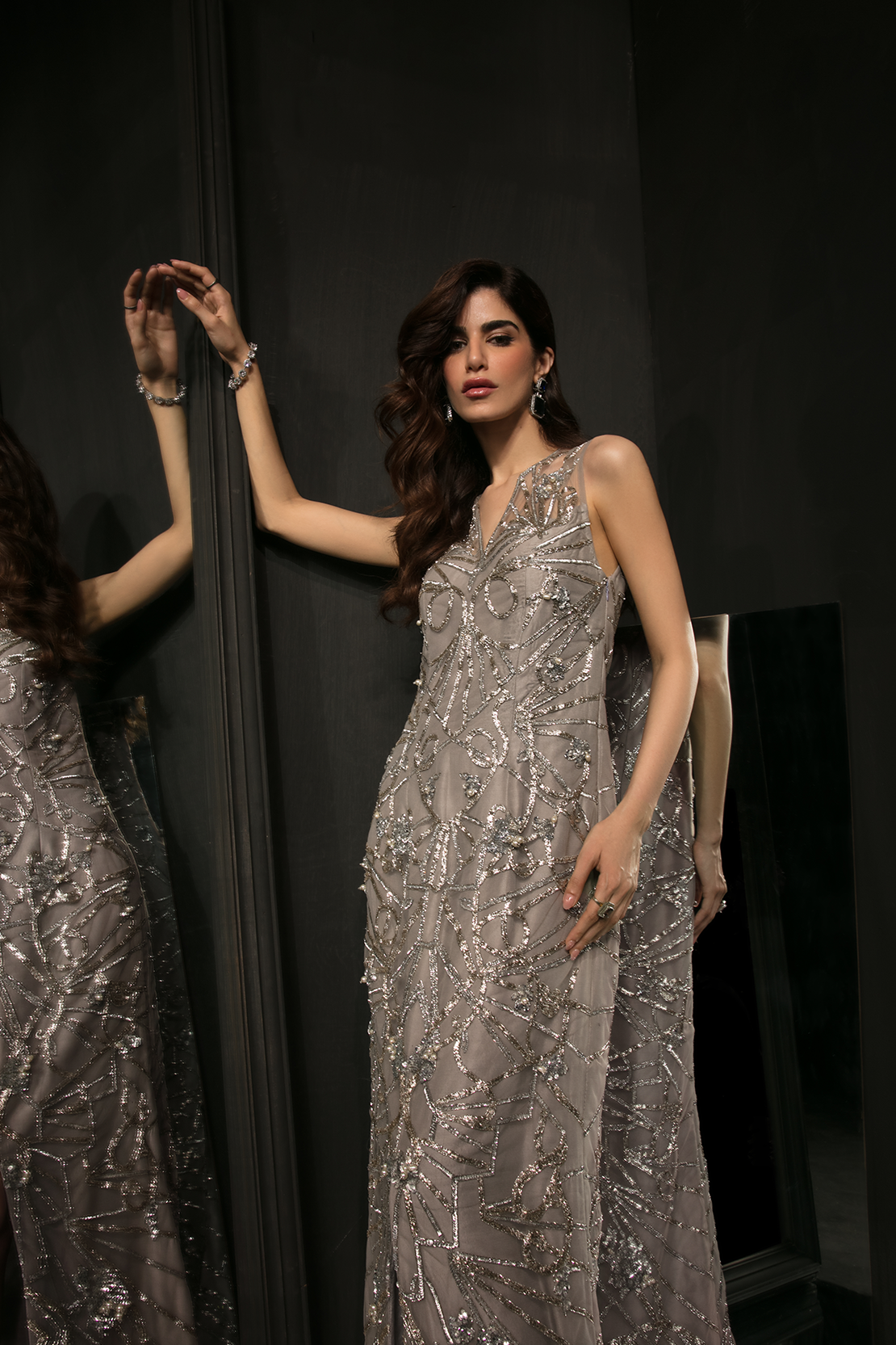 Pakistani Silver Pita Work Silk-Blend Gown (1-Pc) - Image 3