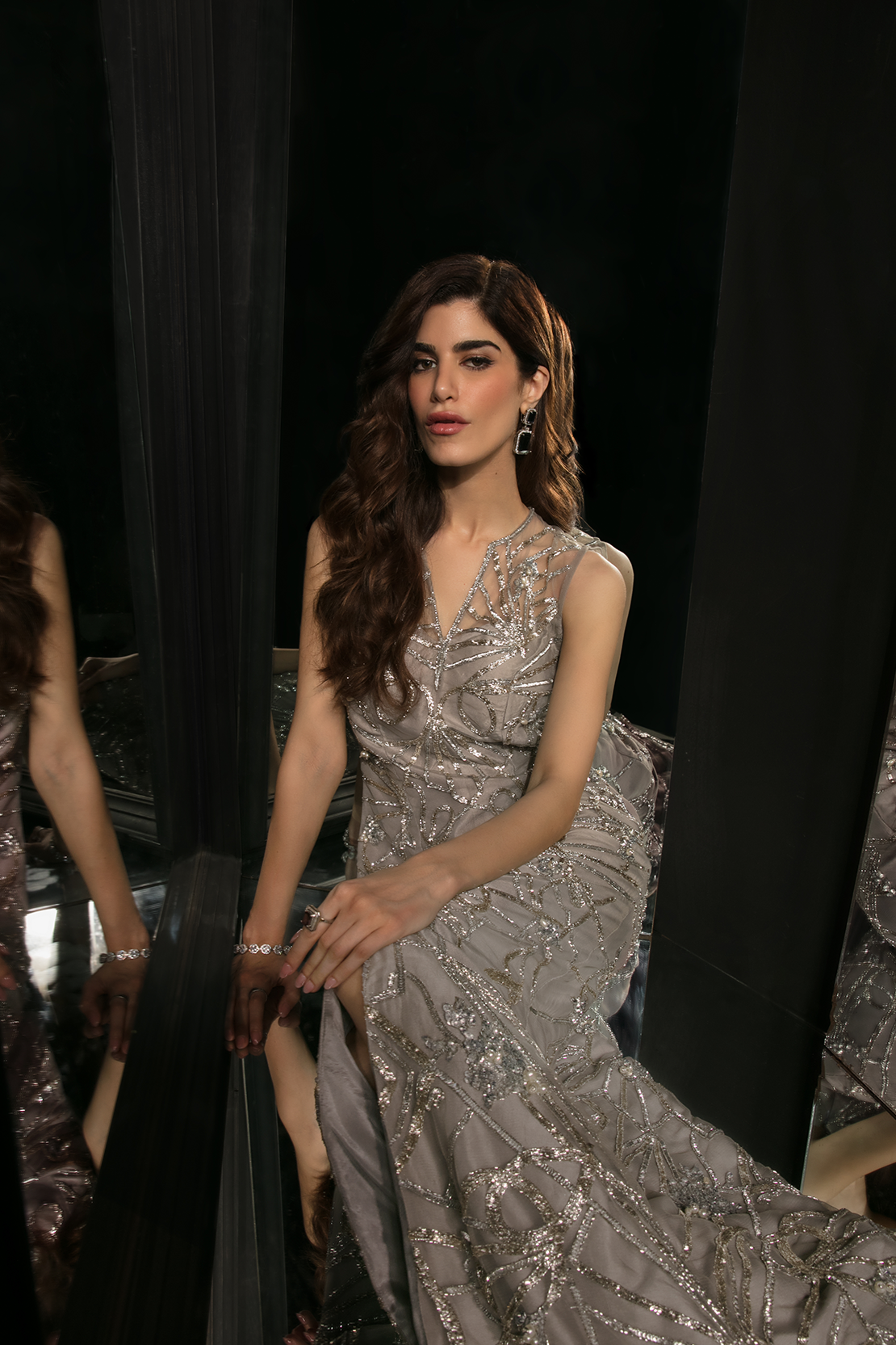 Pakistani Silver Pita Work Silk-Blend Gown (1-Pc) - Image 6