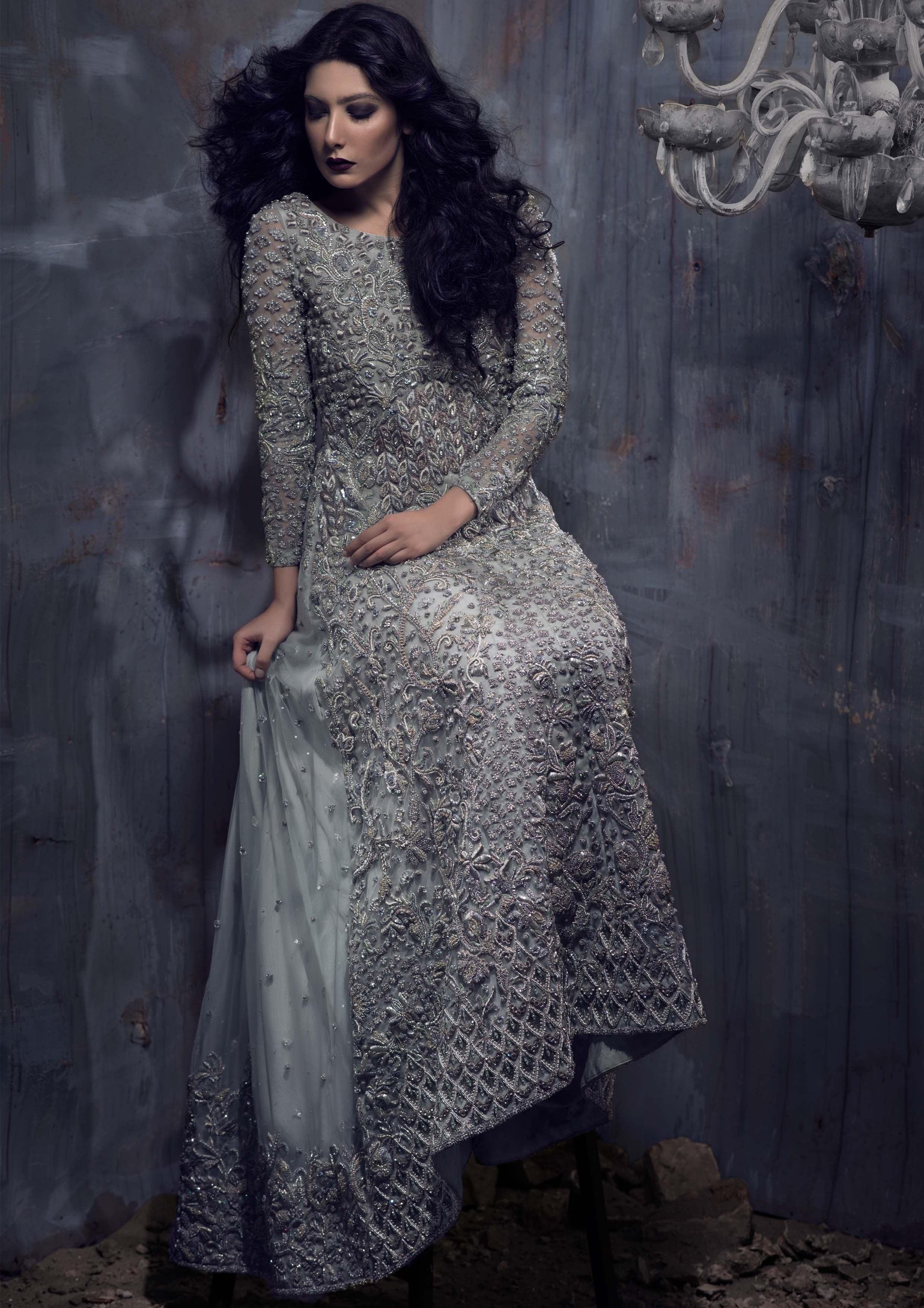 Silver Grey Embellished Net Silk Bridal Gown (1-Pc) - Image 2