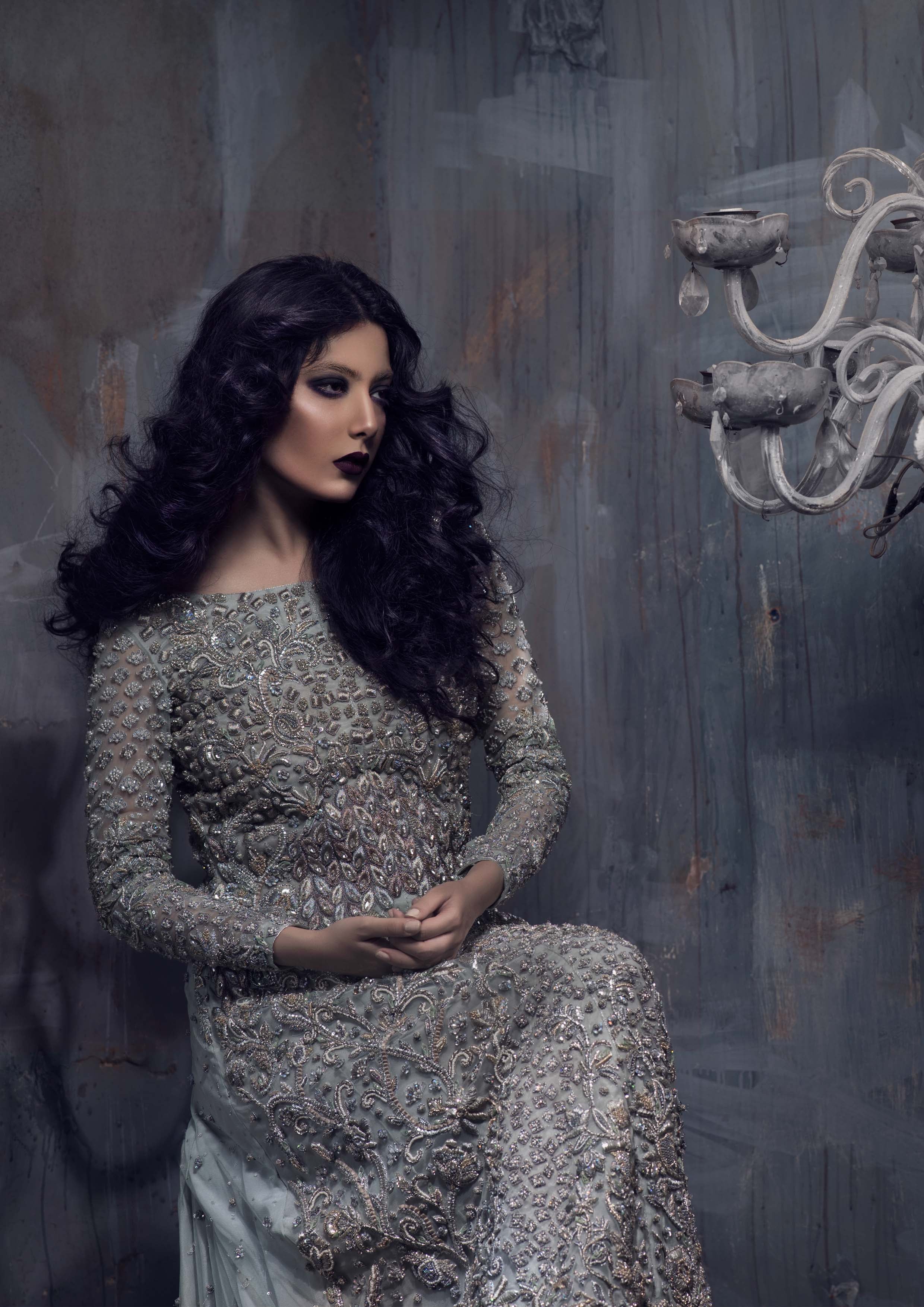 Silver Grey Embellished Net Silk Bridal Gown (1-Pc) - Image 3