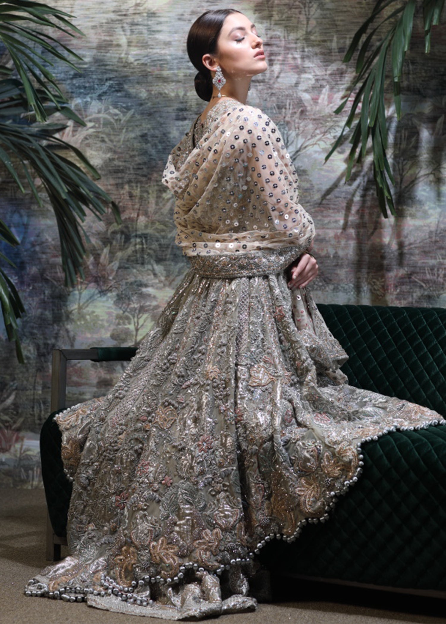 Muted Silver Grey Embellished Silk-Blend Bridal Gown (2-Piece) - Image 2