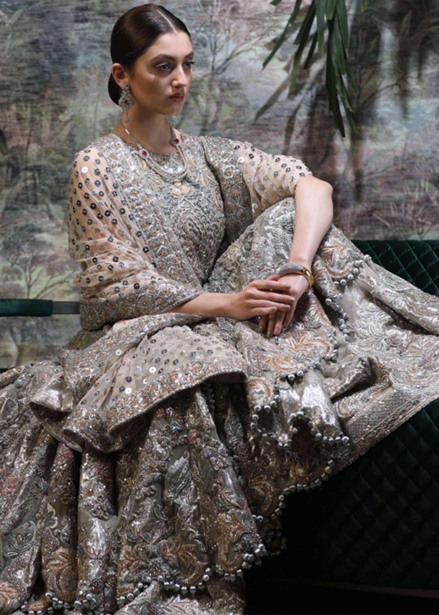 Muted Silver Grey Embellished Silk-Blend Bridal Gown (2-Piece) - Image 3