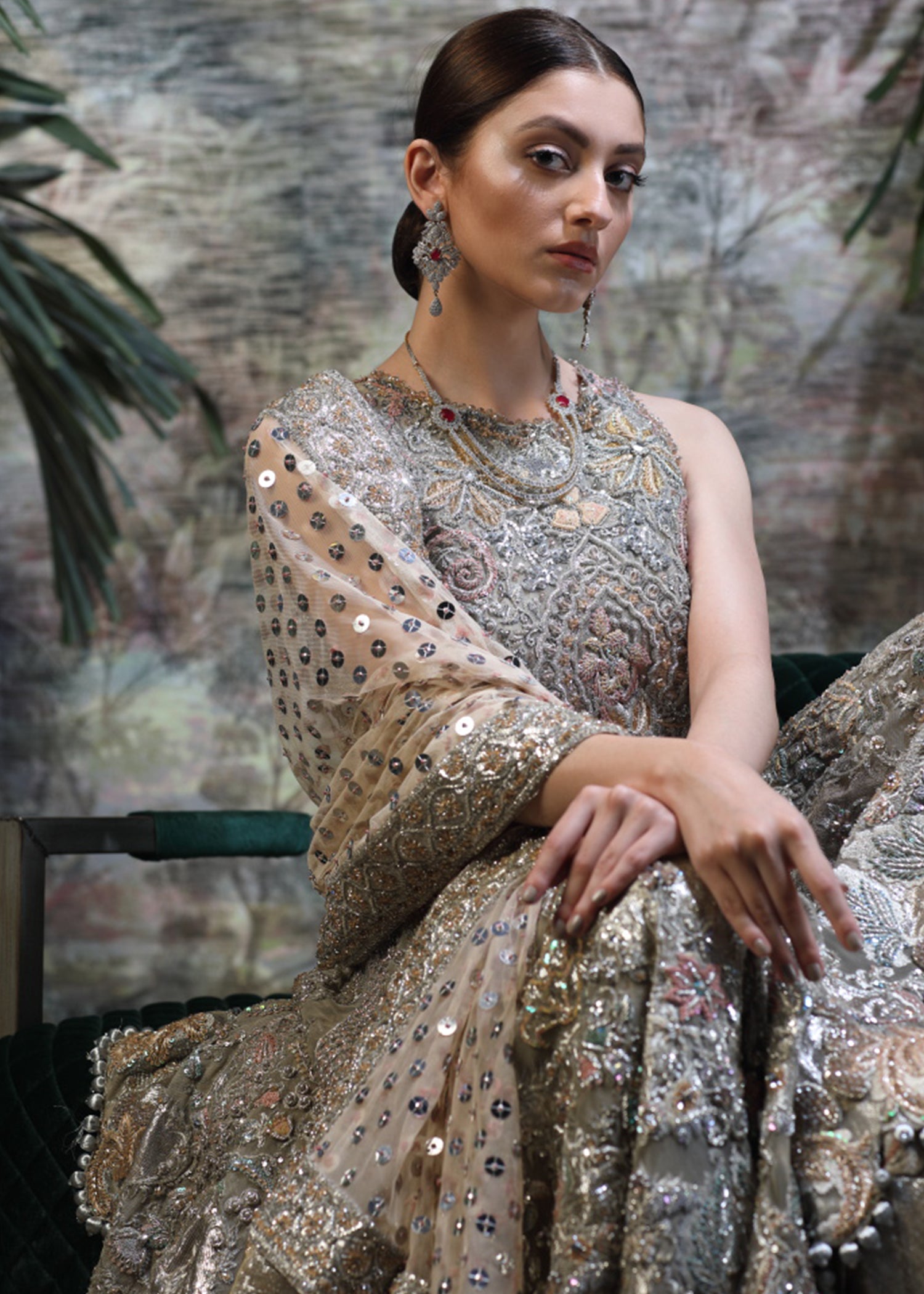 Muted Silver Grey Embellished Silk-Blend Bridal Gown (2-Piece) - Image 4