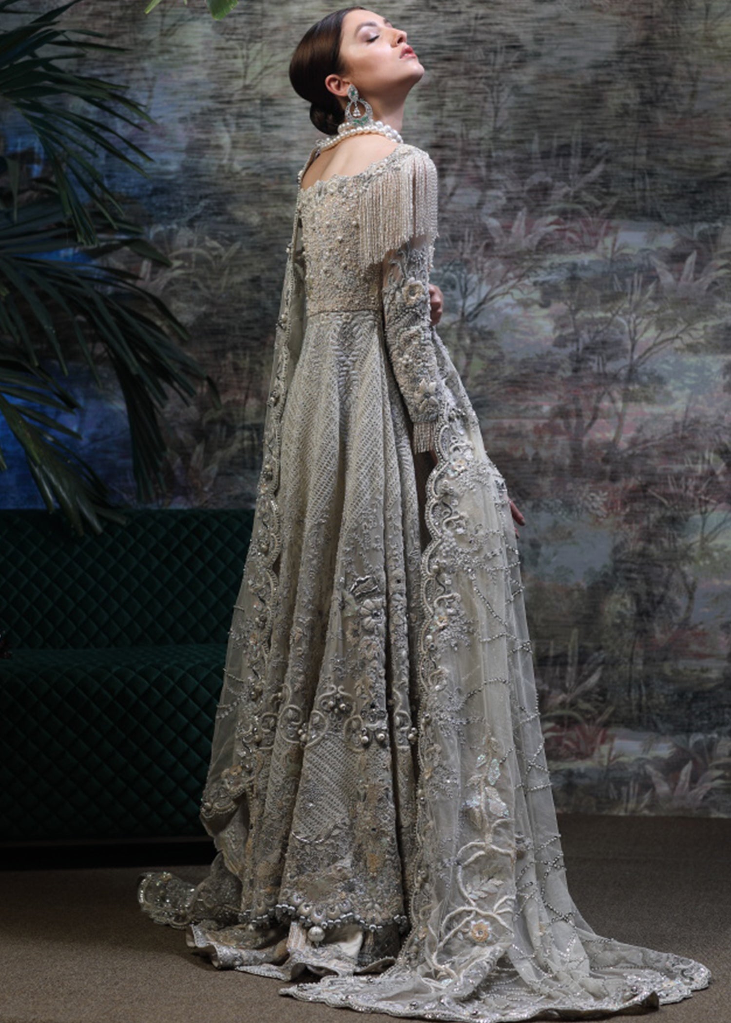 Pakistani Silver Grey Embellished Silk-Blend Bridal Gown (2-Piece) - Image 2