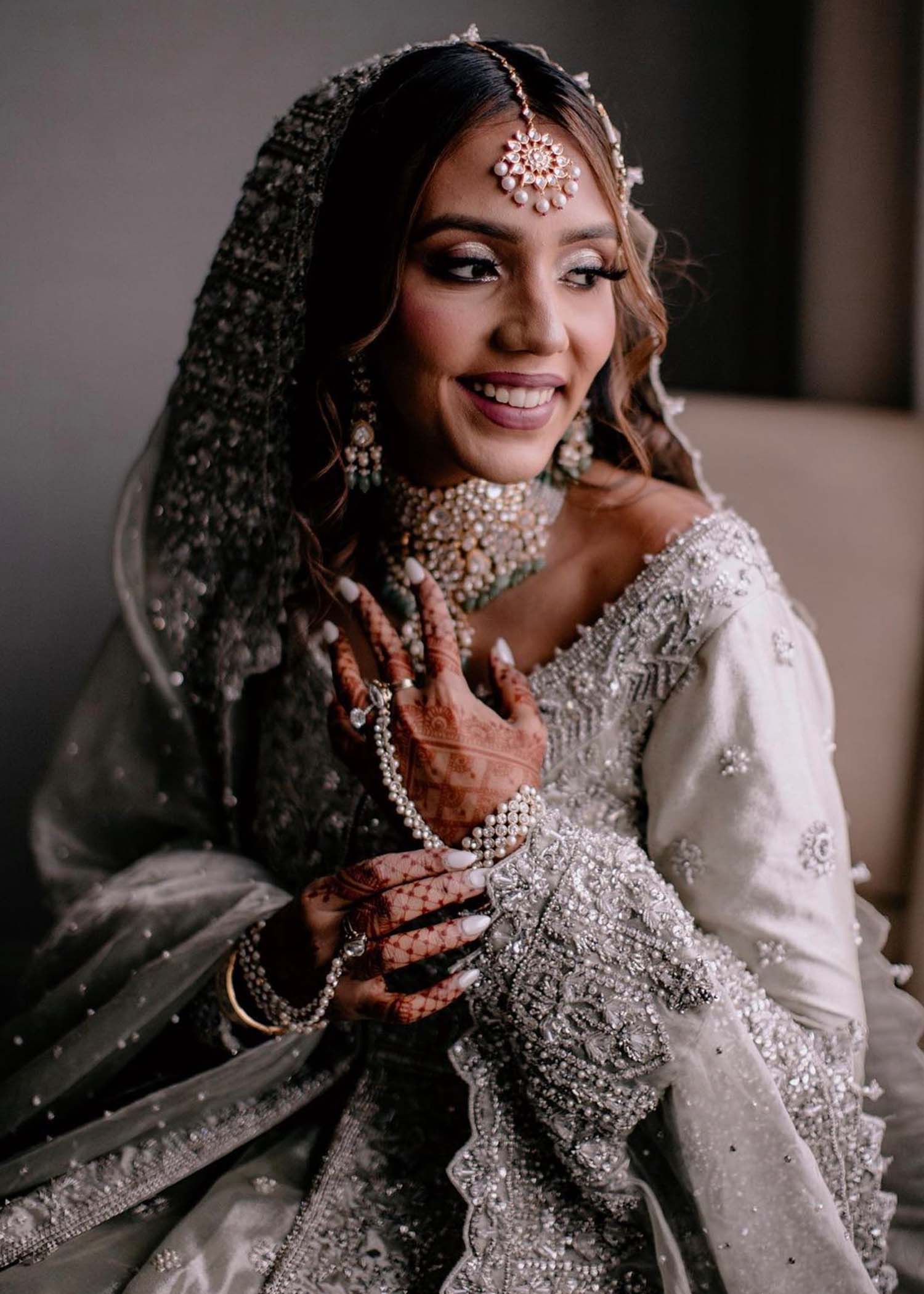 Pakistani Silver Grey Embellished Net Silk Bridal Gown (2-Piece) - Image 1