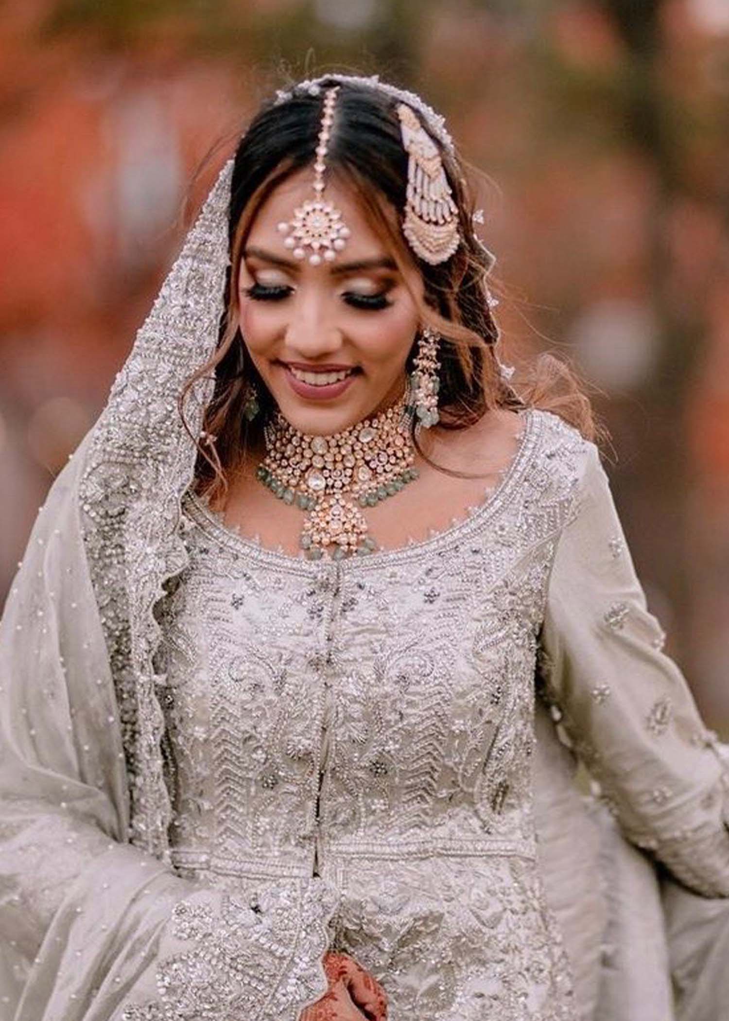 Pakistani Silver Grey Embellished Net Silk Bridal Gown (2-Piece) - Image 2