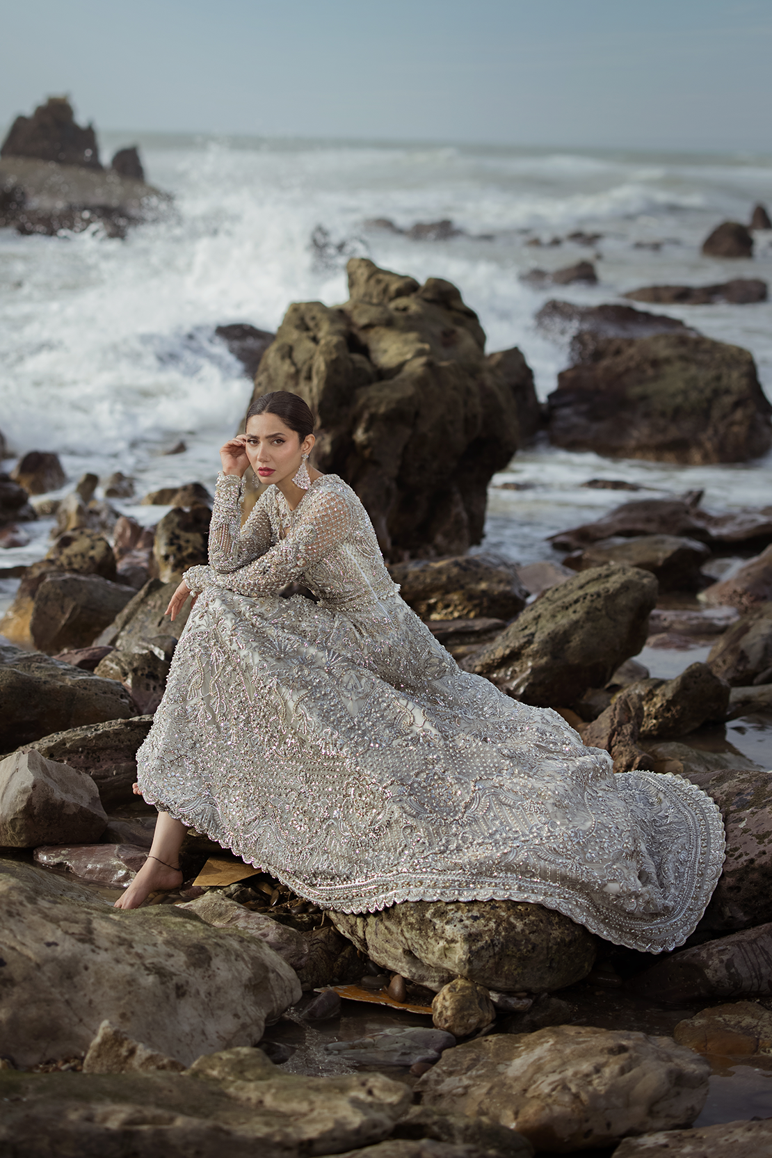 Silver Hand-Embellished Silk Net Gown (2-Piece) - Image 2